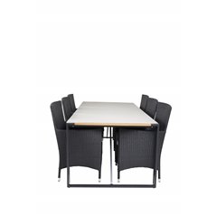 Texas Dining Table 200*100 - Black Alu / Teak / Grey Spray kivi, Malin Armchair