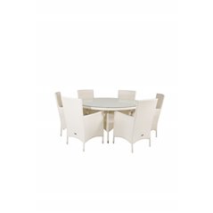 Volta Table ø 150 - White/Glass, Malin Karmstol med dyna - Vit / grå dyna_6