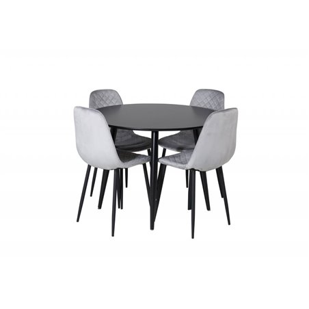 Ruokailuryhmä - Ruokapöytä Pla za ø 100 cm - Musta + 4 ruokapöydän tuolia Polar Diamond - Harmaa Velvet / Musta