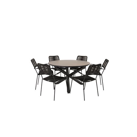 Llama Round Dining Table 120 - Black Alu/Brown HPL, Lindos Armchair - Black Alu / Black Rope