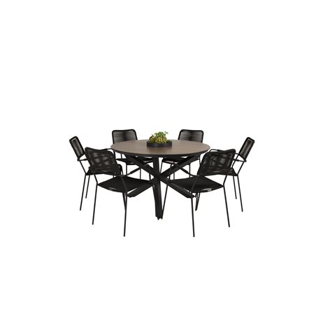 Llama Round Dining Table 120 - Black Alu/Brown HPL, Lindos Armchair - Black Alu / Black Rope