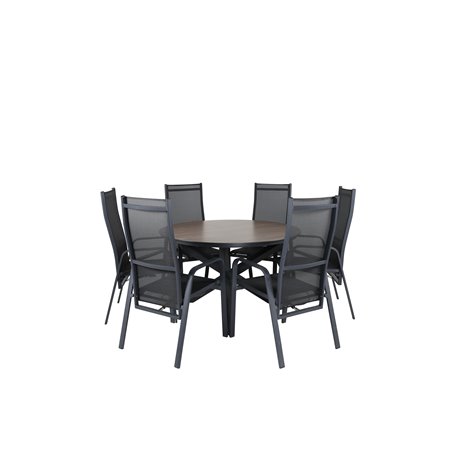Llama Round Dining Table 120 - Black Alu/Brown HPL, Copacabana Recliner -tuoli