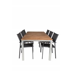 Zenia-ruokailupöytä 200*100 – Acacia/Zink SanTorini Arm Chair Black Alu/Black Textilene (käytetty)