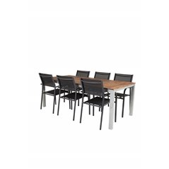 Zenia-ruokailupöytä 200*100 – Acacia/Zink SanTorini Arm Chair Black Alu/Black Textilene (käytetty)