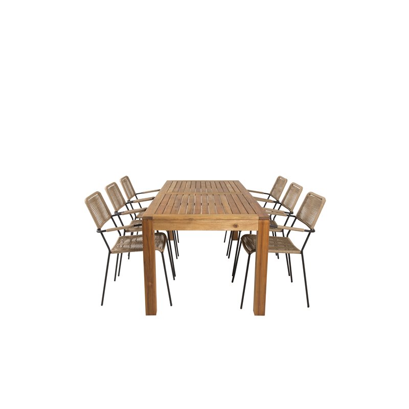 Little John Dining Table - 200*90*H76 - Acacia, Lindos - Armchair - Black Alu / Latte Rope