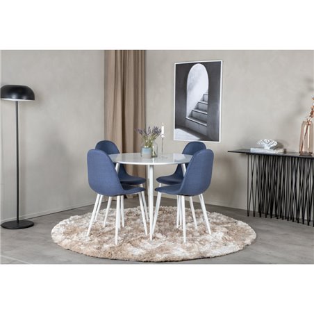 Plaza Round Table 100 cm - White top / White Legs, Polar Dining Chair - White Legs - Blue Fabric_4