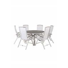 Copacabana Table ø 140 - White/Grey, Albany 5:pos Stol - Vit Aluminium/vit textilene/aintwood_6