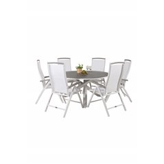 Copacabana Table ø 140 - White/Grey, Albany 5:pos Stol - Vit Aluminium/vit textilene/aintwood_6