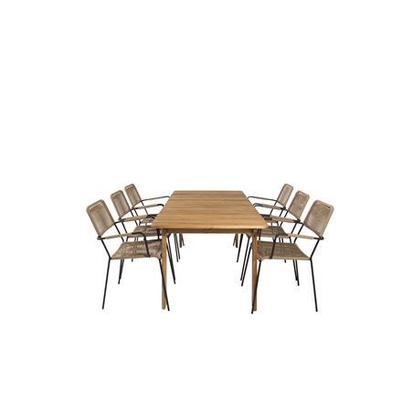 Marion Dining Table - 180*90*H74 - Acacia, Lindos - Armchair - Black Alu / Latte Rope