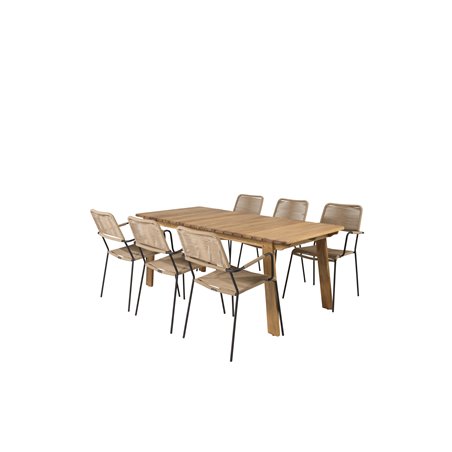 Marion Dining Table - 180*90*H74 - Acacia, Lindos - Armchair - Black Alu / Latte Rope