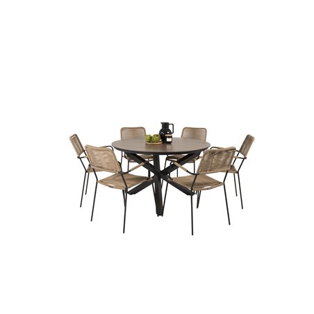 Llama Round Dining Table 120 - Black Alu / Brown HPL, Lindos - Armchair - Black Alu / Latte Rope