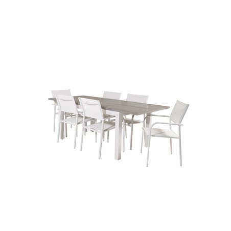 Albany Tabell - 160/240 - Vit / Gråsantorini Armstol (stapelbar) - Vit Aluminium / Vit Textilene_6