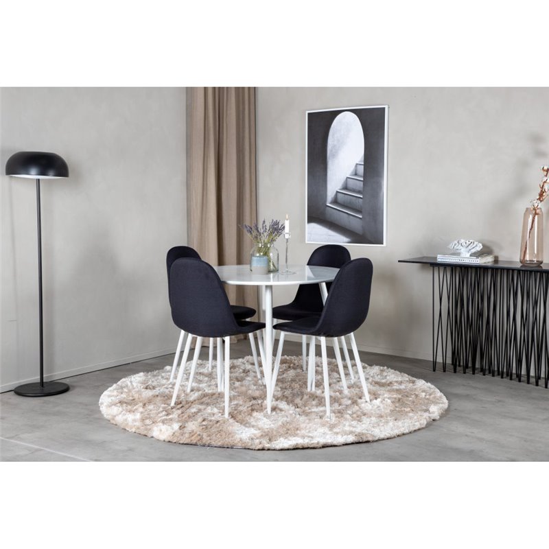 Plaza Round Table 100 cm - White top / White Legs, Polar Dining Chair - White Legs - Black Fabric_4