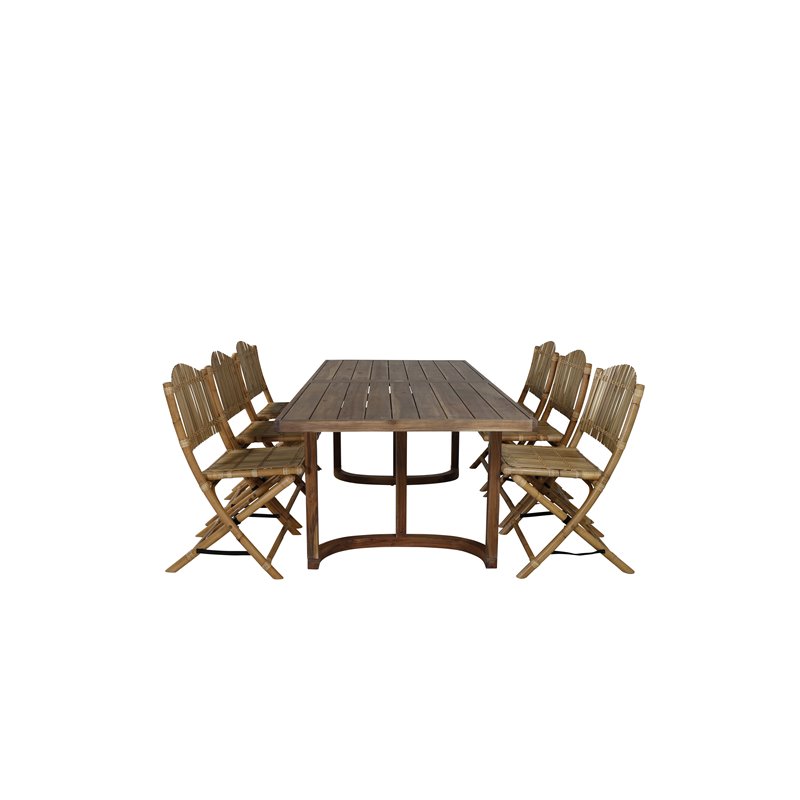 Erica Dining Table Acacia -lanka on valmistettu 214*100, Cane Foldable Dining Chair - Bamboo / Grey Cushion