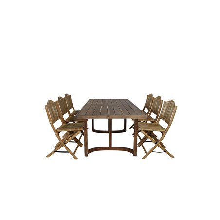 Erica Dining Table Acacia -lanka on valmistettu 214*100, Cane Foldable Dining Chair - Bamboo / Grey Cushion