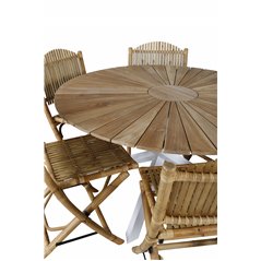 Mexico Table ø 140 - White/Teak, Cane Foldable dining Chair - Bamboo / Grey Cushion_6