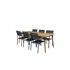 Julian Spisebord - Acasia - 210 * 100cm, San torini Arm Chair (stabelbar) - Sort alu / Sort Textilene_6