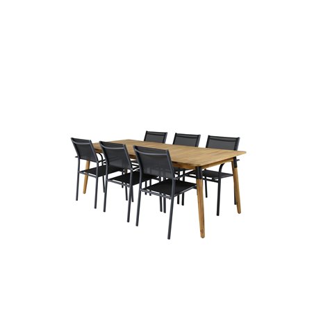 Julian Spisebord - Acasia - 210 * 100cm, San torini Arm Chair (stabelbar) - Sort alu / Sort Textilene_6