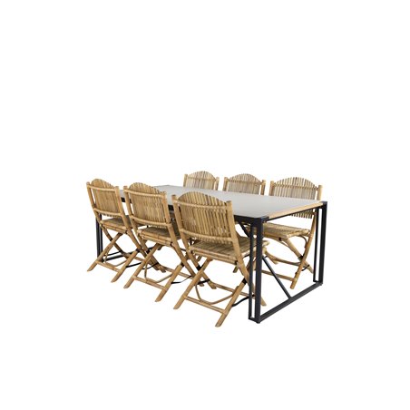 Texas Dining Table 200*100 - Black Alu / Teak / Grey Spray -kivi, Cane Foldable Dining Chair - Bamboo / Grey Cushion