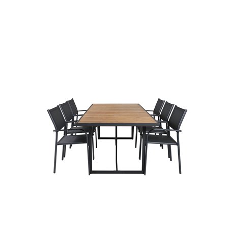 Khung Dining Table - Black Steel / Acacia (teklook) - 200*100cm+Santorini Arm Chair (Stackable) - Black alu / Black Textilene_6