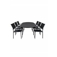 Viga Dining Table - Black Steel / Grey Spray Jäätelö - 200*100cm SanTorini Arm Chair Black Alu/Black Textilene (käytetty)