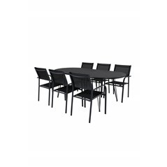 Viga Dining Table - Black Steel / Grey Spray glass - 200*100cm, Santorini Arm Chair (Stackable) - Black alu / Black Textilene_6