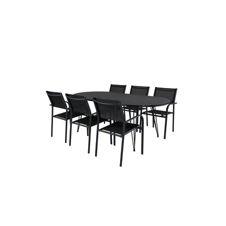 Viga Dining Table - Black Steel / Grey Spray Jäätelö - 200*100cm SanTorini Arm Chair Black Alu/Black Textilene (käytetty)