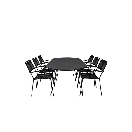 Viga Dining Table - Black Steel / Grey Spray glass - 200*100cm, Lindos Armchair - Black Alu / Black Rope_6