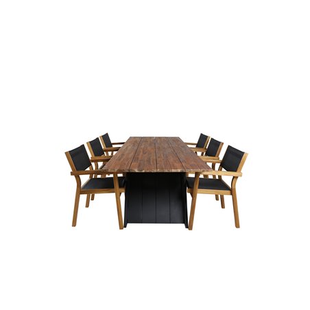 Doory Dining Table - black steel / acacia top in teak look - 250*100cm, Venice Stackingchair - Teak / Black textilene_6