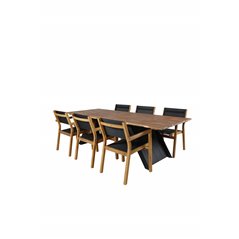 Doory Dining Table - musta teräs / akaasia toppi tiikki-ilmeessä - 250 * 100cm, Venetsia Pinotuoli - Teak / Musta textilene_6