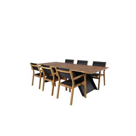 Doory Dining Table - musta teräs / akaasia toppi tiikki-ilmeessä - 250 * 100cm, Venetsia Pinotuoli - Teak / Musta textilene_6