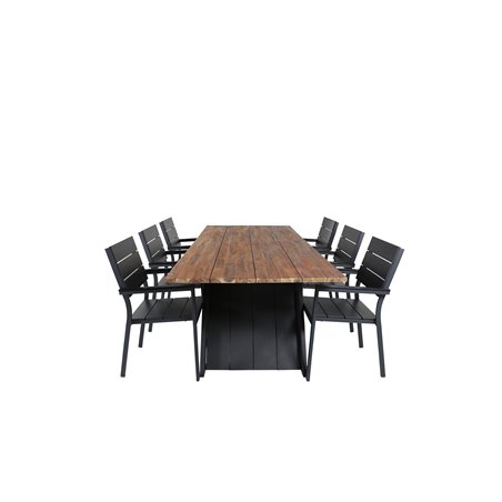 Doory Dining Table - black steel / acacia top in teak look - 250*100cm, Levels Chair (stackable) - Black Alu / Black Aintwood_6