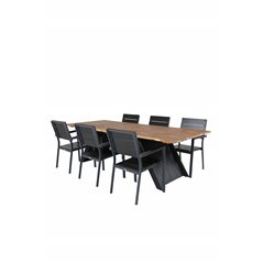 Doory Dining Table - musta teräs / akaasia yläosa tiikki näyttää - 250 * 100cm, Levels Chair (pinottava) - Musta Alu / Musta Ain