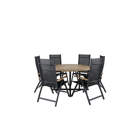 Cruz Dining table - Black Steel / Acacia (teak look) ø140cm, Panama Light 5-pos Chair Black / Black and teak_6