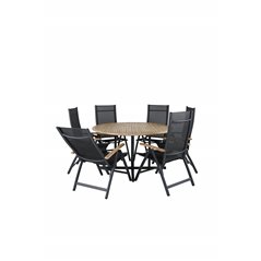 Cruz Dining Table - Black Steel / Acacia (teak look) ø140cm, Panama Light 5-pos-tuoli Black/musta ja teak_6