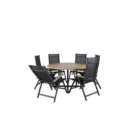 Cruz Dining Table - Black Steel / Acacia (teak look) ø140cm, Panama Light 5-pos-tuoli Black/musta ja teak_6