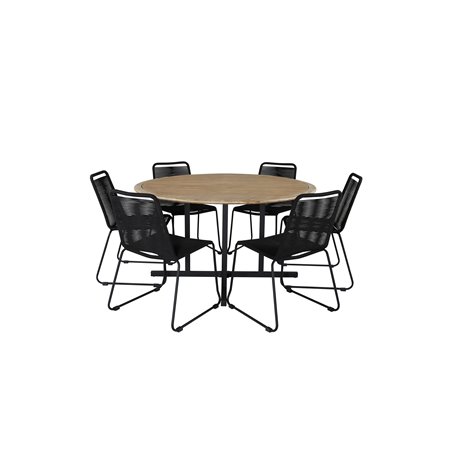 Cruz Dining table - Black Steel / Acacia (teak look) ø140cm, Lindos Stacking Chair - Black Alu / Black Rope_6