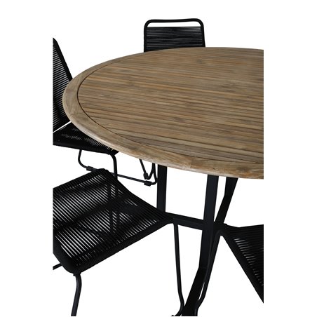 Cruz matbord - svart stål / akacia (teak look) Ø140cm, Lindos staplingstol - svart Aluminium / svart rep_6