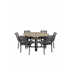 Cruz Dining Table - Black Steel / Acacia (teak look) ø140cm, Dallas Dining Chair