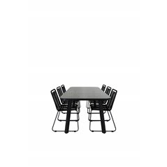 Paola Dining Table - Black Steel / Nature Wicker - 200*100+Lindos Stacking Chair - Black Alu / Black Rope_6