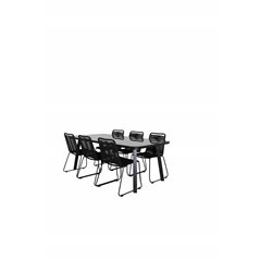 Paola Dining Table - Black Steel / Nature Wicker - 200*100+Lindos Stacking Chair - Black Alu / Black Rope_6