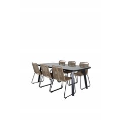 Paola Dining Table - Black Steel / Nature Wicker - 200*100+Lindos Stacking Chair - Black Alu / Latte Rope_6