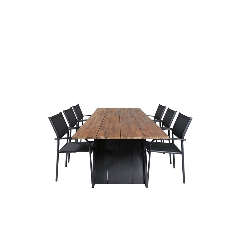 Doory Dining Table - musta teräs / akaasia yläosa tiikki-ilmeessä - 250 * 100cm, Santorini-nojatuoli (pinottava) - Musta alu / M