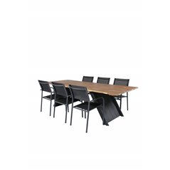 Doory Dining Table - black steel / acacia top in teak look - 250*100cm, Santorini Arm Chair (Stackable) - Black alu / Black Text