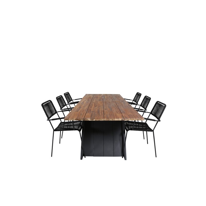 Doory Dining Table - musta teräs / akaasia yläosa tiikki-ilmeessä - 250 * 100cm, Lindos Nojatuoli - Musta Alu / Musta Rope_6