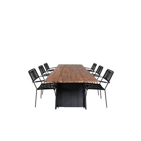 Doory Dining Table - musta teräs / akaasia yläosa tiikki-ilmeessä - 250 * 100cm, Lindos Nojatuoli - Musta Alu / Musta Rope_6