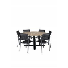 Cruz Dining table - Black Steel / Acacia (teak look) ø140cm, Santorini Arm Chair (Stackable) - Black alu / Black Textilene_6