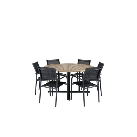 Cruz Dining table - Black Steel / Acacia (teak look) ø140cm, Santorini Arm Chair (Stackable) - Black alu / Black Textilene_6