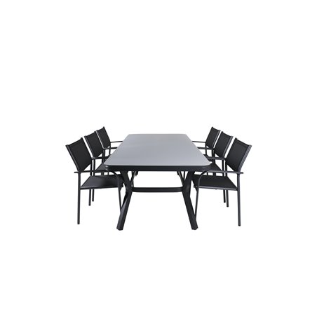 Virya Dining Table - Black Alu / Grey GlassSanTorini Arm Chair Black Alu/Black Textilene (käytetty)