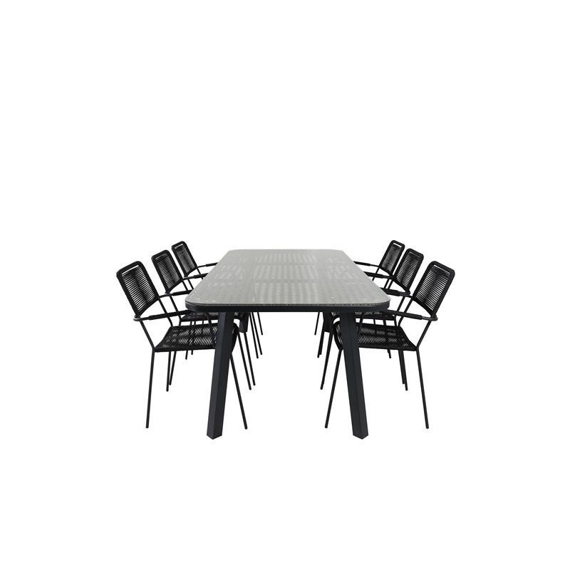 Ruokapöytä - Black Steel Nature Wicker 200*100+Lindos Armchair – Black Alu/Black Rope